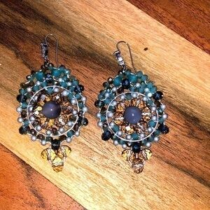 Beaded blue handmade boho dangle earrings